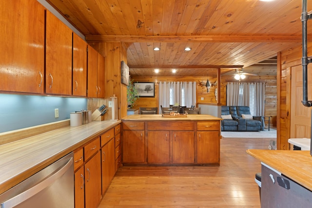 397 New Bridge Rd, Acton, ME 04001 - kitchen featuring wood ceiling, dishwasher, wood walls, brown cabinets, and light wood finished floors