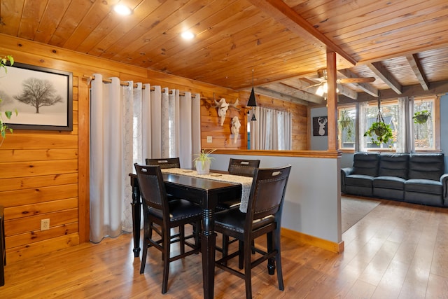 397 New Bridge Rd, Acton, ME 04001 - dining room with wooden ceiling, wood walls, wood finished floors, ceiling fan, and baseboards