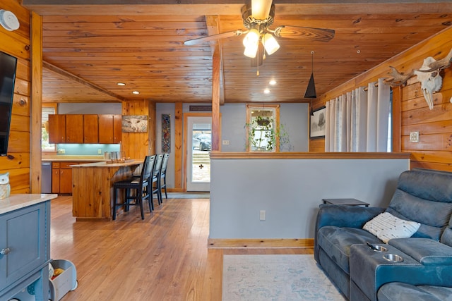397 New Bridge Rd, Acton, ME 04001 - living area featuring wood ceiling, light wood-style floors, ceiling fan, and recessed lighting