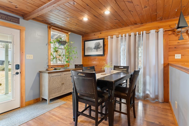 397 New Bridge Rd, Acton, ME 04001 - dining space featuring wooden ceiling, light wood-type flooring, recessed lighting, baseboards, and wooden walls