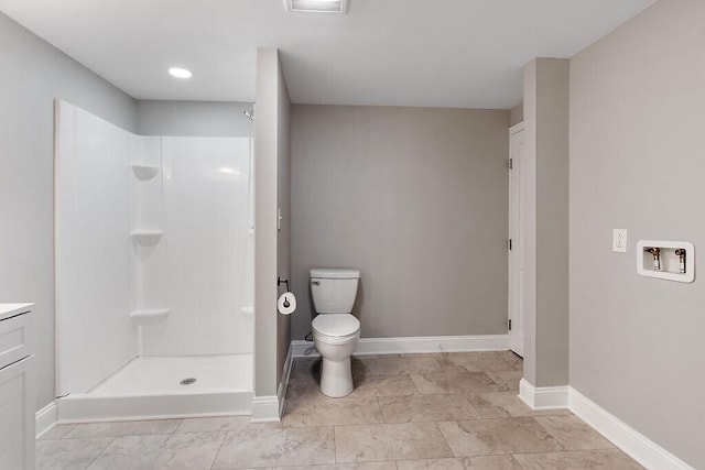 bathroom with toilet, visible vents, baseboards, and a stall shower