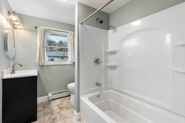 full bath with shower / bathtub combination, toilet, vanity, baseboard heating, and baseboards