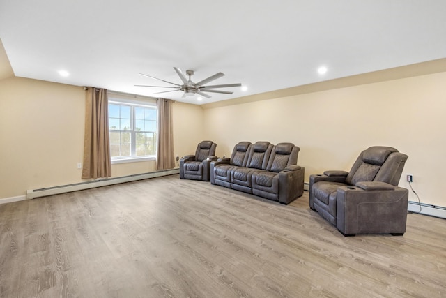 living room featuring a baseboard radiator, ceiling fan, wood finished floors, vaulted ceiling, and recessed lighting