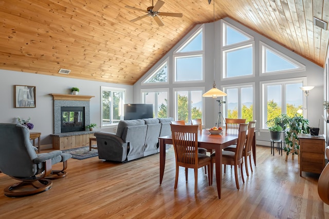 48 White Mountain Way, Bridgton, ME 04009 - dining room with high vaulted ceiling, wood ceiling, a ceiling fan, a baseboard heating unit, and light wood-style flooring