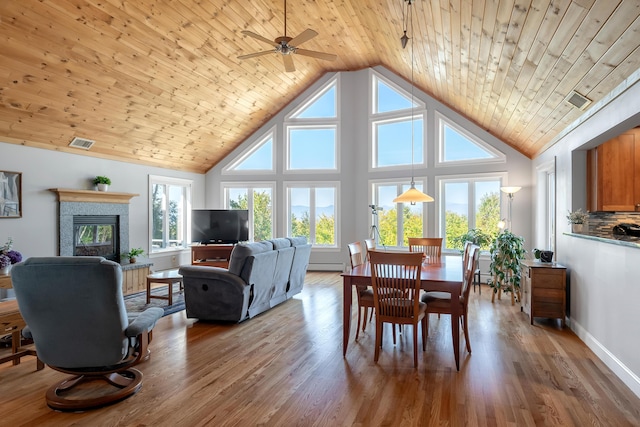 48 White Mountain Way, Bridgton, ME 04009 - dining room featuring ceiling fan, a fireplace, wooden ceiling, high vaulted ceiling, and wood finished floors