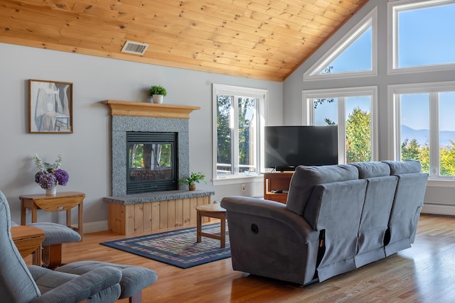48 White Mountain Way, Bridgton, ME 04009 - living area with light wood finished floors, a baseboard radiator, a fireplace, wooden ceiling, and high vaulted ceiling