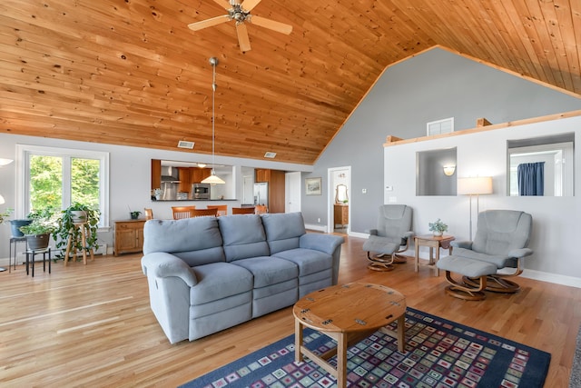48 White Mountain Way, Bridgton, ME 04009 - living room with high vaulted ceiling, wooden ceiling, a ceiling fan, light wood-style flooring, and baseboards