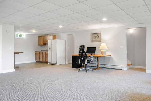 48 White Mountain Way, Bridgton, ME 04009 - office area with baseboard heating, a paneled ceiling, light colored carpet, and baseboards