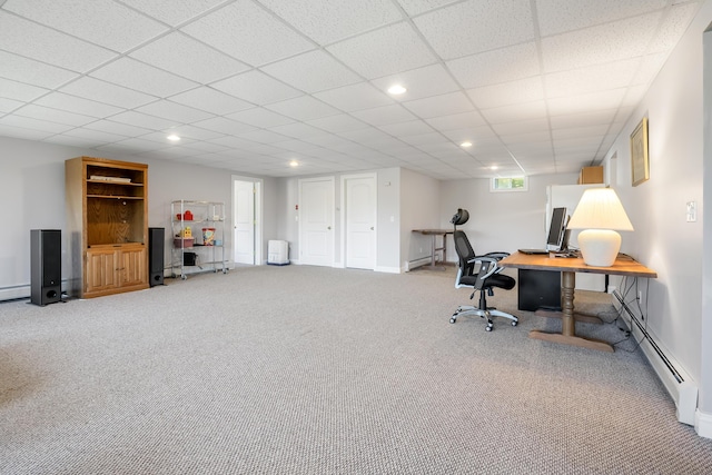 48 White Mountain Way, Bridgton, ME 04009 - office space featuring a baseboard heating unit, carpet floors, baseboards, recessed lighting, and a drop ceiling
