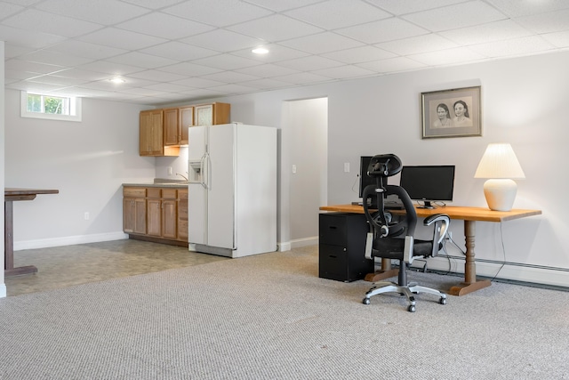 48 White Mountain Way, Bridgton, ME 04009 - office area featuring baseboards, a drop ceiling, baseboard heating, and light colored carpet