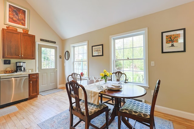 8 Codys Way, Bridgton, ME 04009 - dining room with light wood-style floors, vaulted ceiling, and baseboards