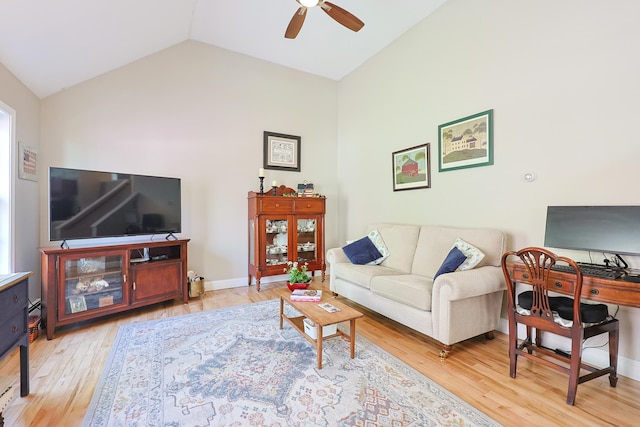 8 Codys Way, Bridgton, ME 04009 - living room featuring vaulted ceiling, ceiling fan, and light wood-style floors