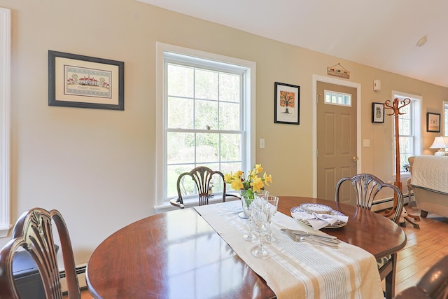 8 Codys Way, Bridgton, ME 04009 - dining space featuring plenty of natural light, wood-type flooring, and a baseboard radiator