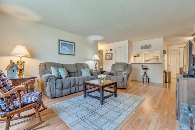living area featuring light wood-style floors and a textured ceiling