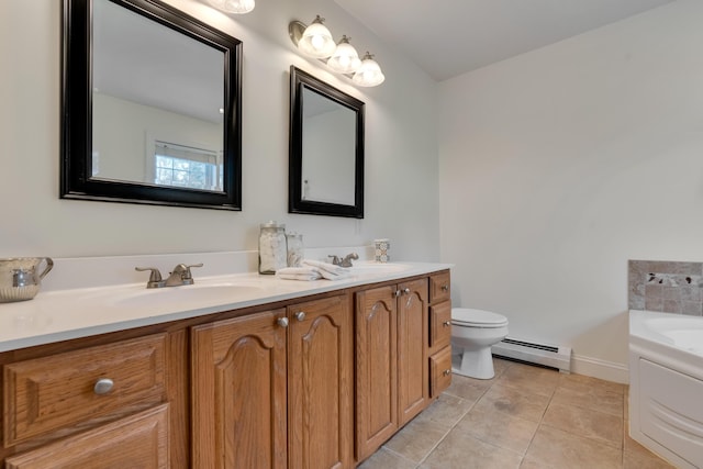 full bathroom featuring baseboard heating, tile patterned flooring, double vanity, a garden tub, and toilet