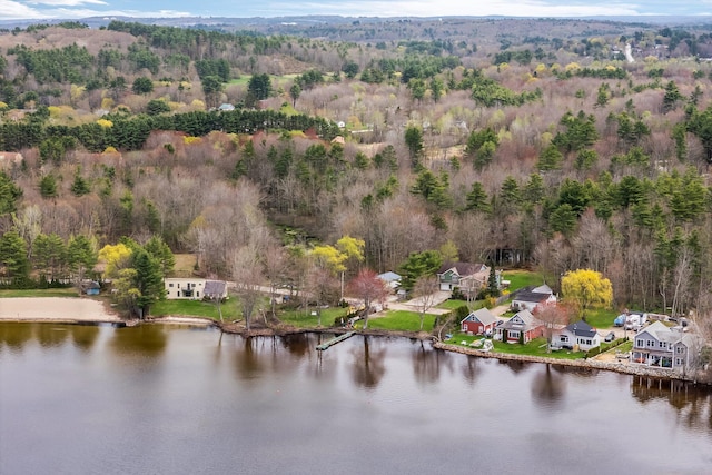 aerial view of residential area featuring a nearby body of water and a heavily wooded area
