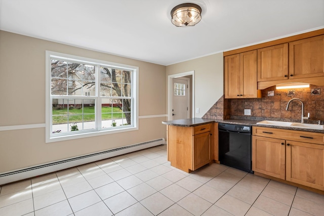 kitchen with dishwasher, a baseboard radiator, a sink, tasteful backsplash, and dark countertops
