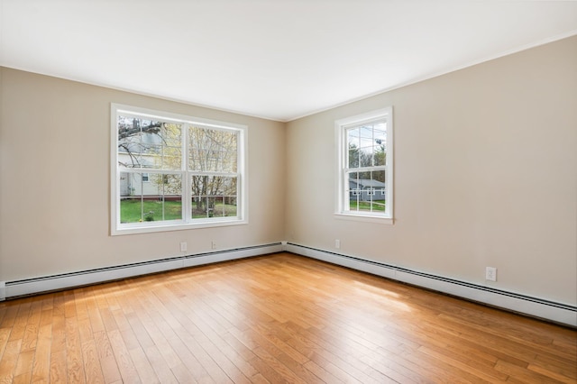 unfurnished room with hardwood / wood-style flooring and a baseboard radiator