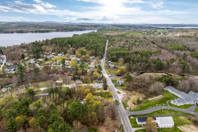 aerial overview of property's location featuring a large body of water and a heavily wooded area