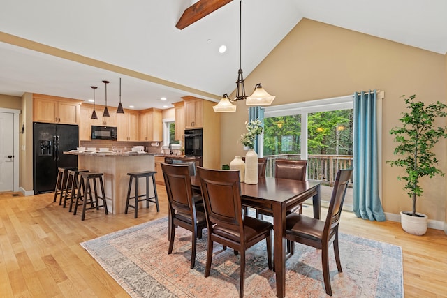 dining area with light wood-type flooring, baseboards, high vaulted ceiling, and recessed lighting