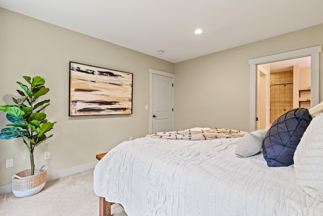 carpeted bedroom with baseboards and recessed lighting