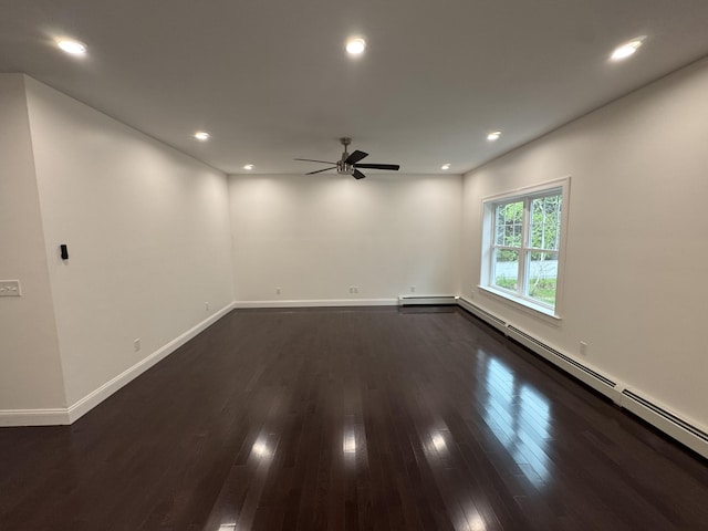 empty room featuring a baseboard radiator, dark wood finished floors, ceiling fan, recessed lighting, and baseboards
