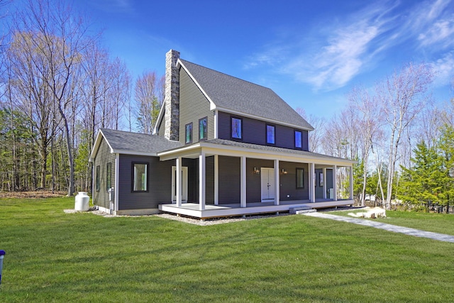 15 County Xing, Brunswick, ME 04011 - farmhouse inspired home with covered porch, roof with shingles, a chimney, and a front yard