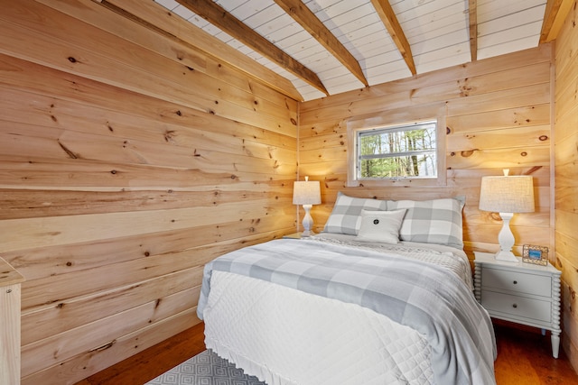 79 Snug Harbor Rd, Standish, ME 04084 - bedroom featuring wood walls, wood ceiling, beamed ceiling, and wood finished floors