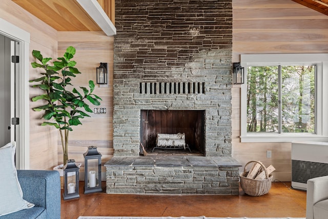 79 Snug Harbor Rd, Standish, ME 04084 - unfurnished living room with a fireplace and wood walls