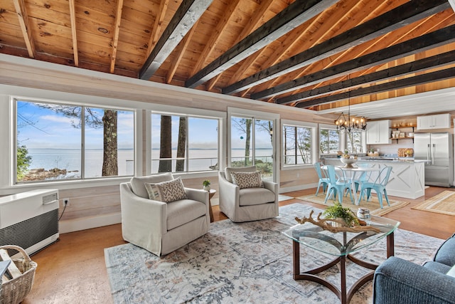 79 Snug Harbor Rd, Standish, ME 04084 - living room with a chandelier, wood ceiling, a water view, and heating unit