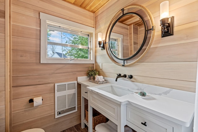 79 Snug Harbor Rd, Standish, ME 04084 - bathroom with wood walls, vanity, and wooden ceiling