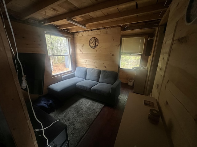 51 Pond Rd, Bradford, ME 04410 - living area with wooden walls, beam ceiling, wooden ceiling, and wood finished floors