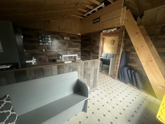 51 Pond Rd, Bradford, ME 04410 - interior space with lofted ceiling and wood walls