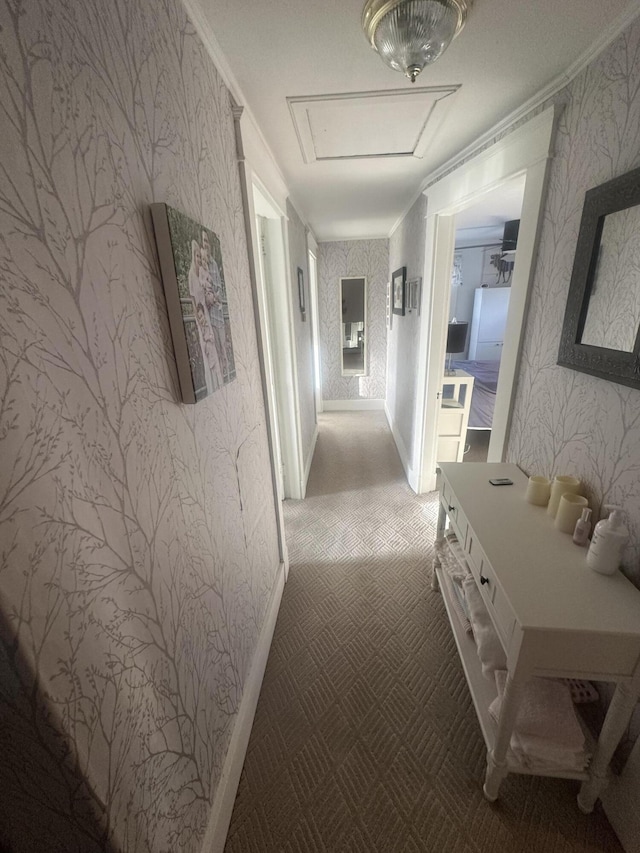 5 Cone St, East Millinocket, ME 04430 - corridor with wallpapered walls, carpet, attic access, ornamental molding, and baseboards