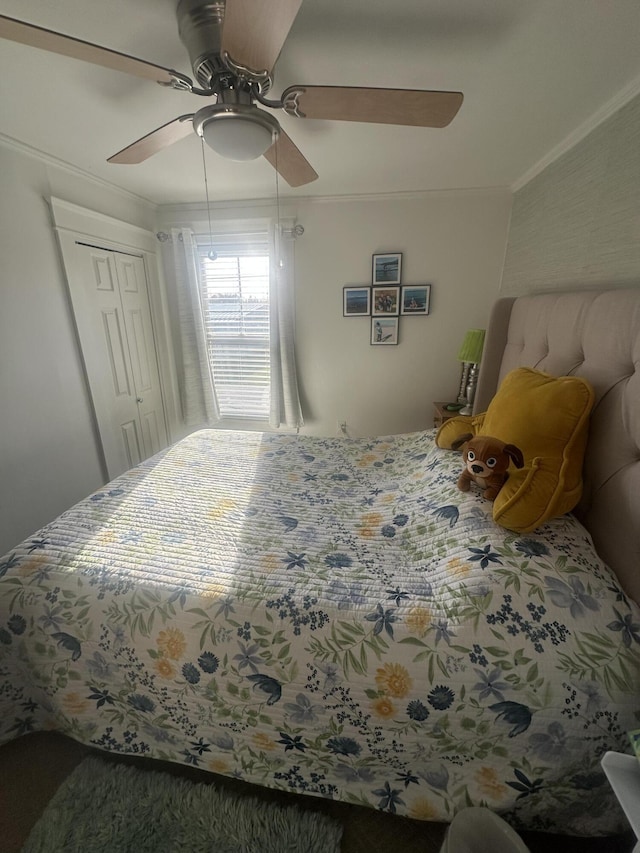 5 Cone St, East Millinocket, ME 04430 - bedroom featuring ceiling fan and crown molding