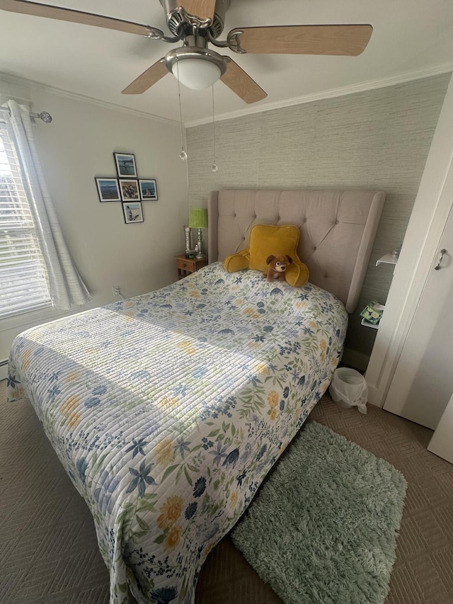 5 Cone St, East Millinocket, ME 04430 - carpeted bedroom with ceiling fan and crown molding