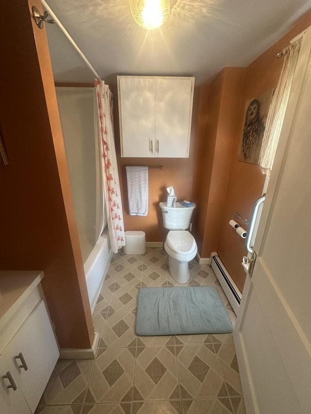 5 Cone St, East Millinocket, ME 04430 - bathroom featuring a baseboard heating unit, toilet, shower / tub combo, baseboards, and vanity