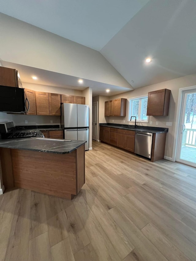 LOT22F Dunton Rd, Naples, ME 04055 - kitchen featuring stainless steel appliances, light wood-type flooring, a peninsula, lofted ceiling, and recessed lighting
