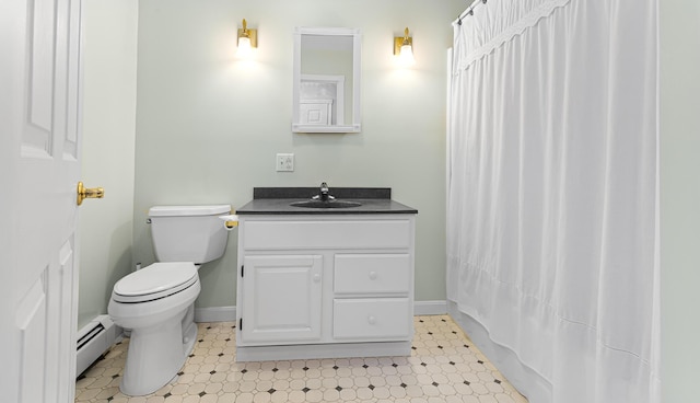 196 Eaton Ridge Dr, Holden, ME 04429 - full bathroom featuring a baseboard radiator, toilet, tile patterned floors, vanity, and baseboards