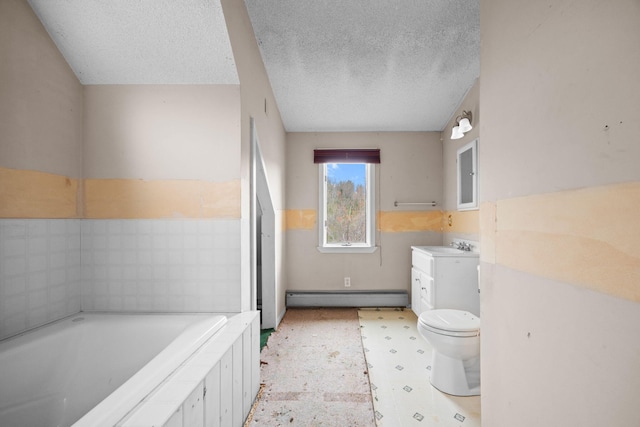 20 Crystal Spring Ln, Rome, ME 04963 - full bathroom with a baseboard heating unit, a textured ceiling, vanity, a bath, and toilet