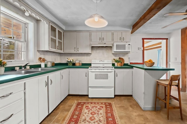 20 Crystal Spring Ln, Rome, ME 04963 - kitchen with white appliances, a sink, under cabinet range hood, beamed ceiling, and glass insert cabinets