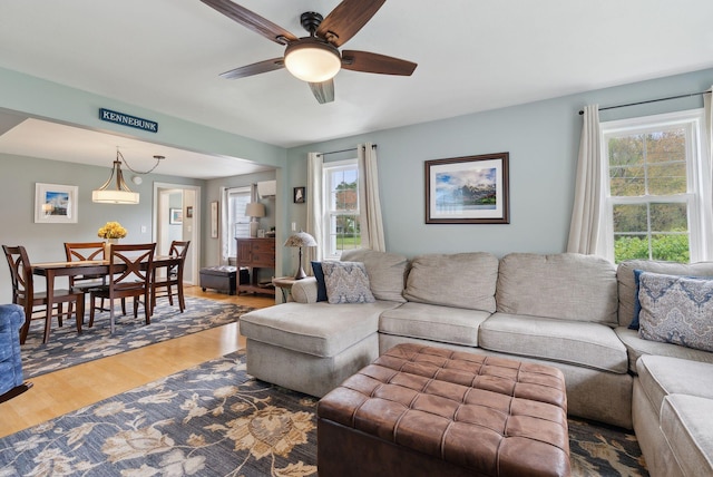 24 Ross Rd, Kennebunk, ME 04043 - living room featuring wood finished floors and ceiling fan