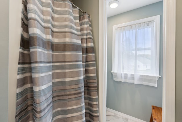 24 Ross Rd, Kennebunk, ME 04043 - bathroom featuring marble finish floors and a shower with shower curtain
