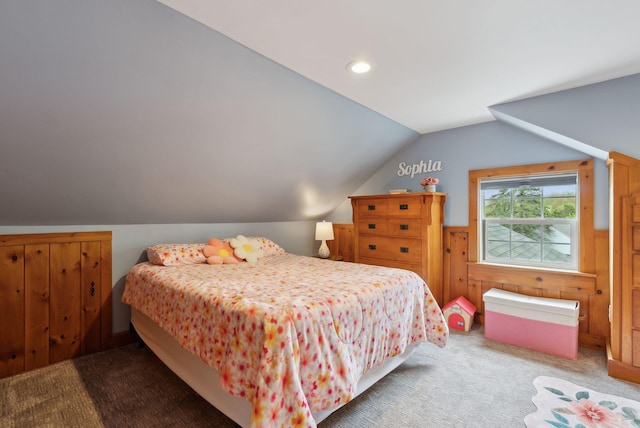 24 Ross Rd, Kennebunk, ME 04043 - carpeted bedroom featuring lofted ceiling, wood walls, and recessed lighting