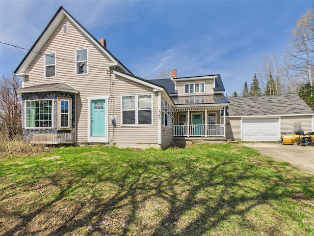 60 Carson Rd, Perham, ME 04766 - view of front of property featuring covered porch, driveway, metal roof, a front lawn, and a chimney