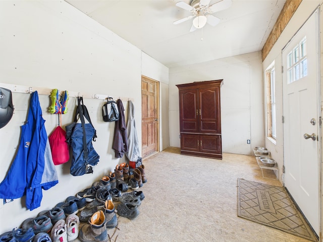 60 Carson Rd, Perham, ME 04766 - mudroom featuring carpet flooring and a ceiling fan