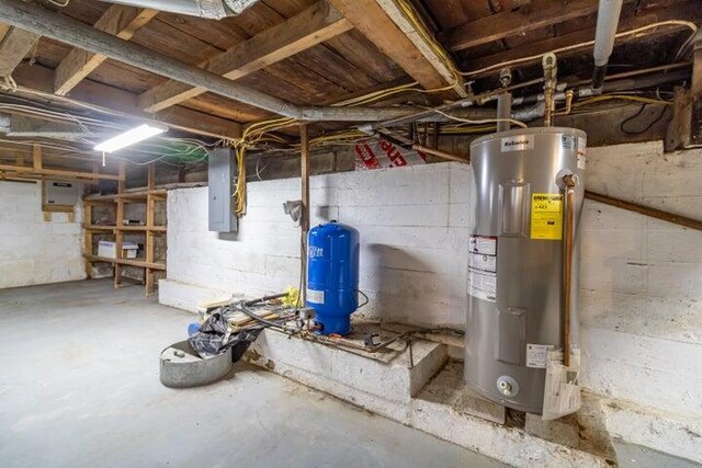 753 Sebec Village Rd, Sebec, ME 04481 - unfinished below grade area with electric water heater, a water pressure tank, and electric panel
