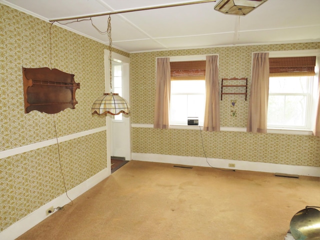 interior space featuring baseboards, a wealth of natural light, visible vents, and carpet
