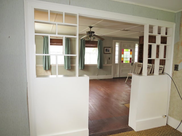 interior space with ceiling fan and wood finished floors