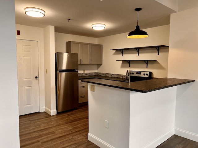 1 Saco Island Ter Unit 205, Saco, ME 04072 - kitchen with freestanding refrigerator, open shelves, a peninsula, stove, and dark countertops